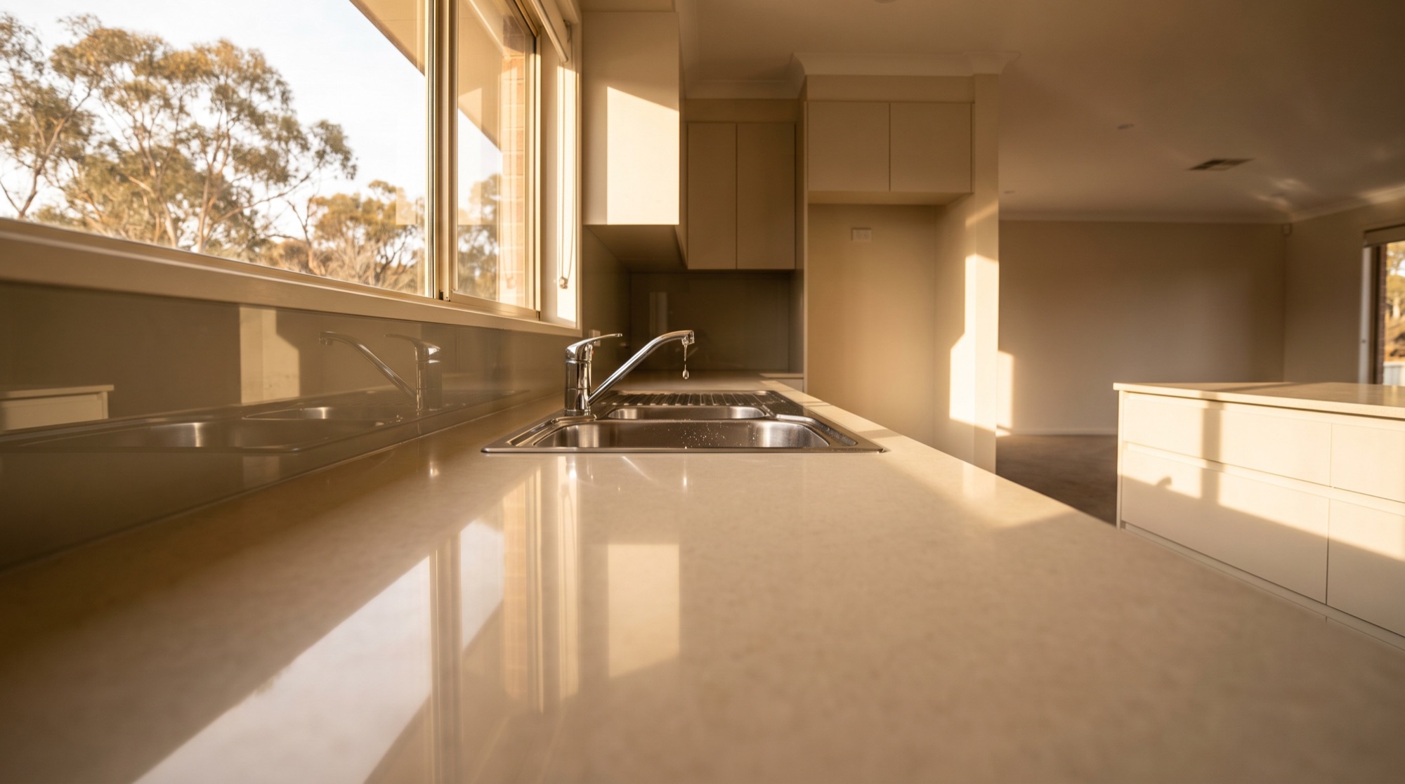 Late afternoon light across a stone kitchen benchtop and stainless sink in an empty home