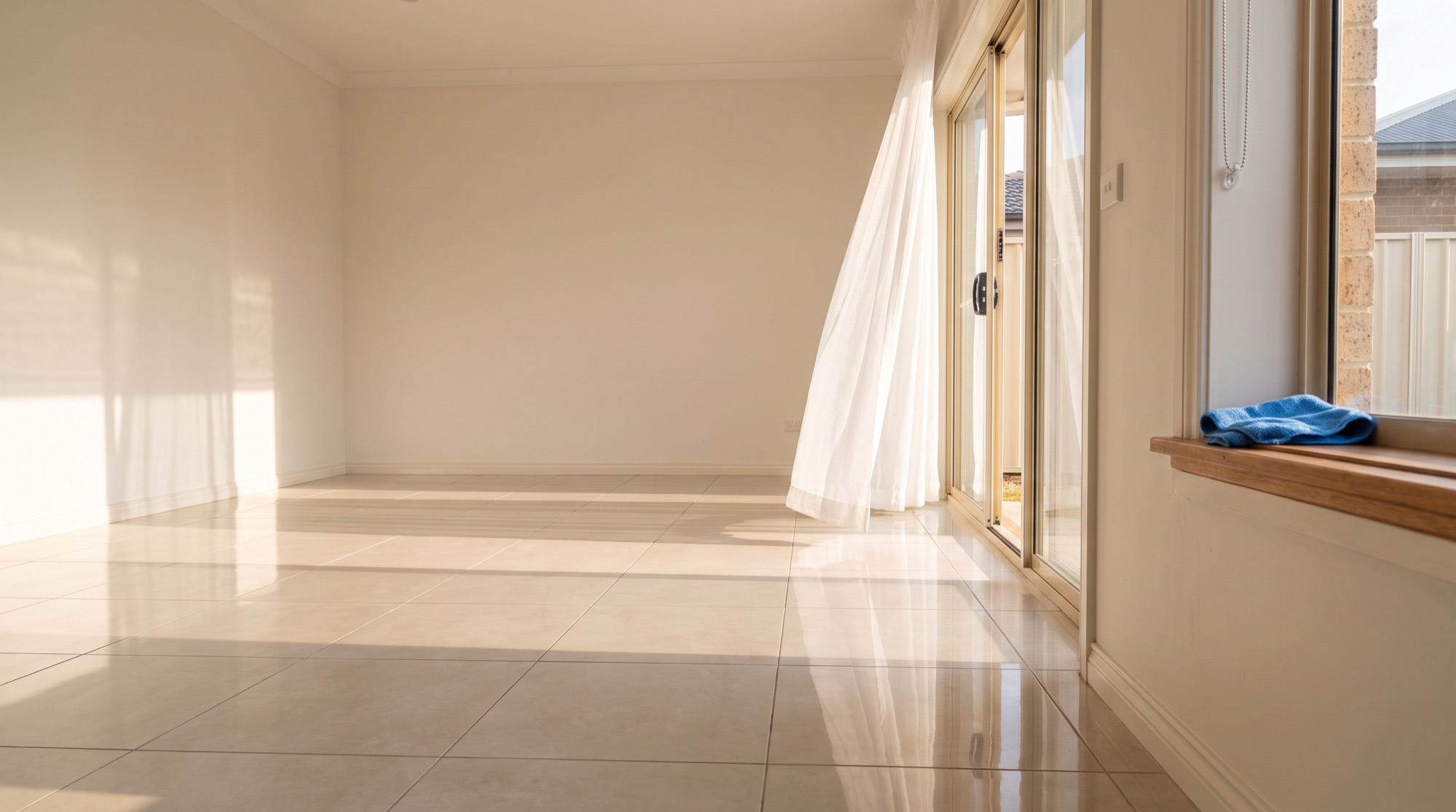 Morning light across a tiled floor in an empty room with a sheer curtain at an open door