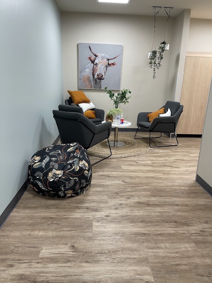 A living area with a plank floor, two armchairs and a low table