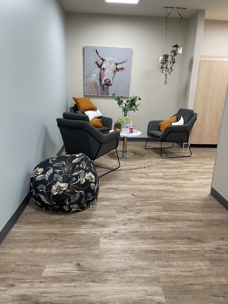 A living area with a plank floor, two armchairs and a low table